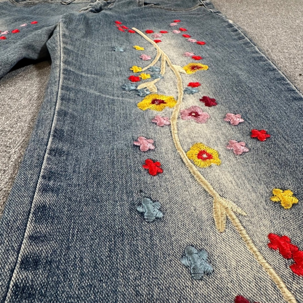 Qianzhimeng Vintage Y2K Floral Embroidered Flare Jeans Blue Denim Womens 28 - Picture 4 of 10